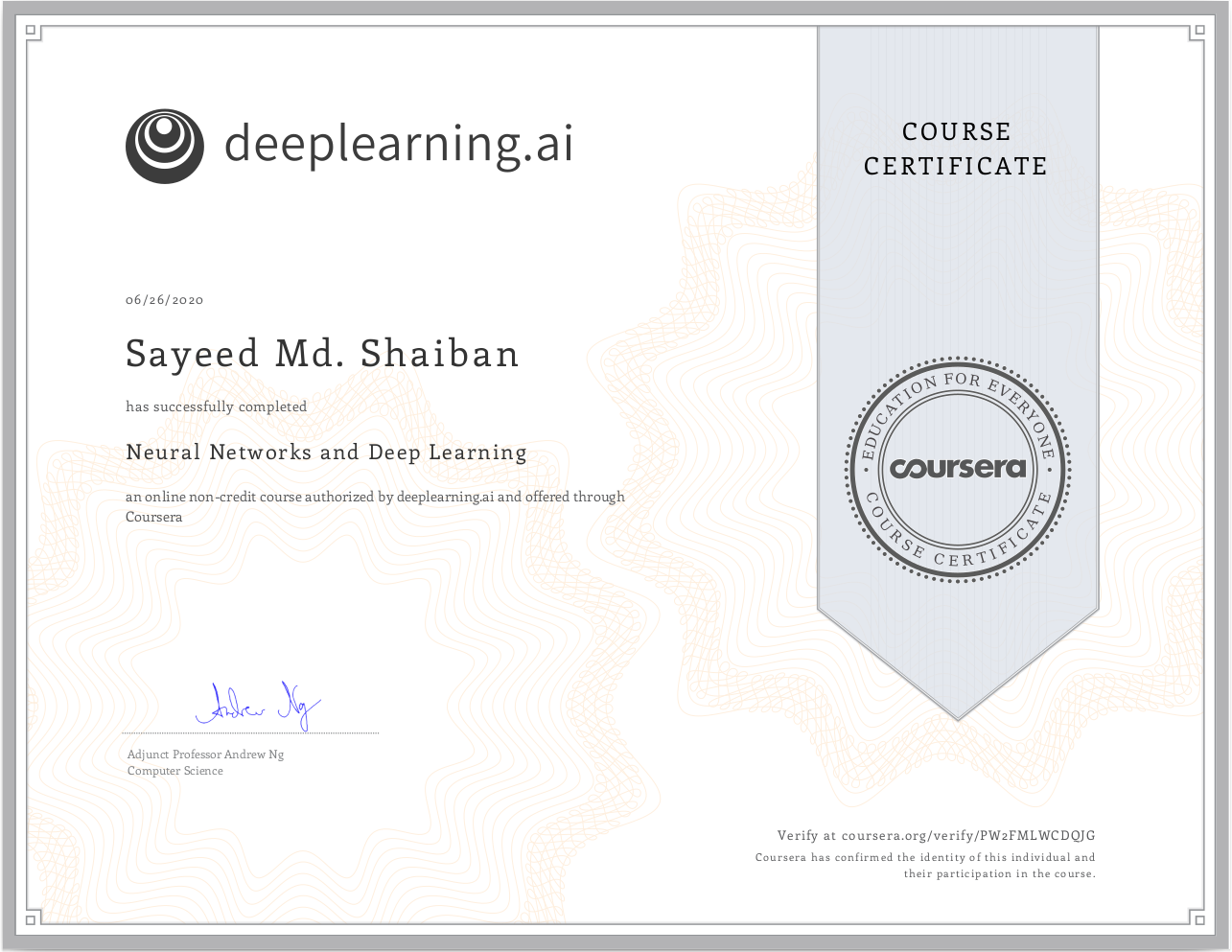 deeplearning certificate